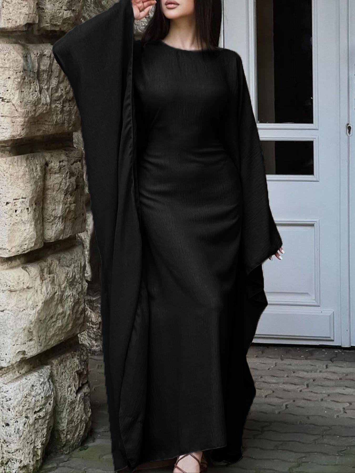 Women's Solid Color Loose-Fitting Batwing-Sleeve Long Dress, Casual Everyday Wear, Casual Daily Outfit, Womenswear, Minimalist Chic Summer Woven Fabric Dress, Perfect for Relaxed Outings