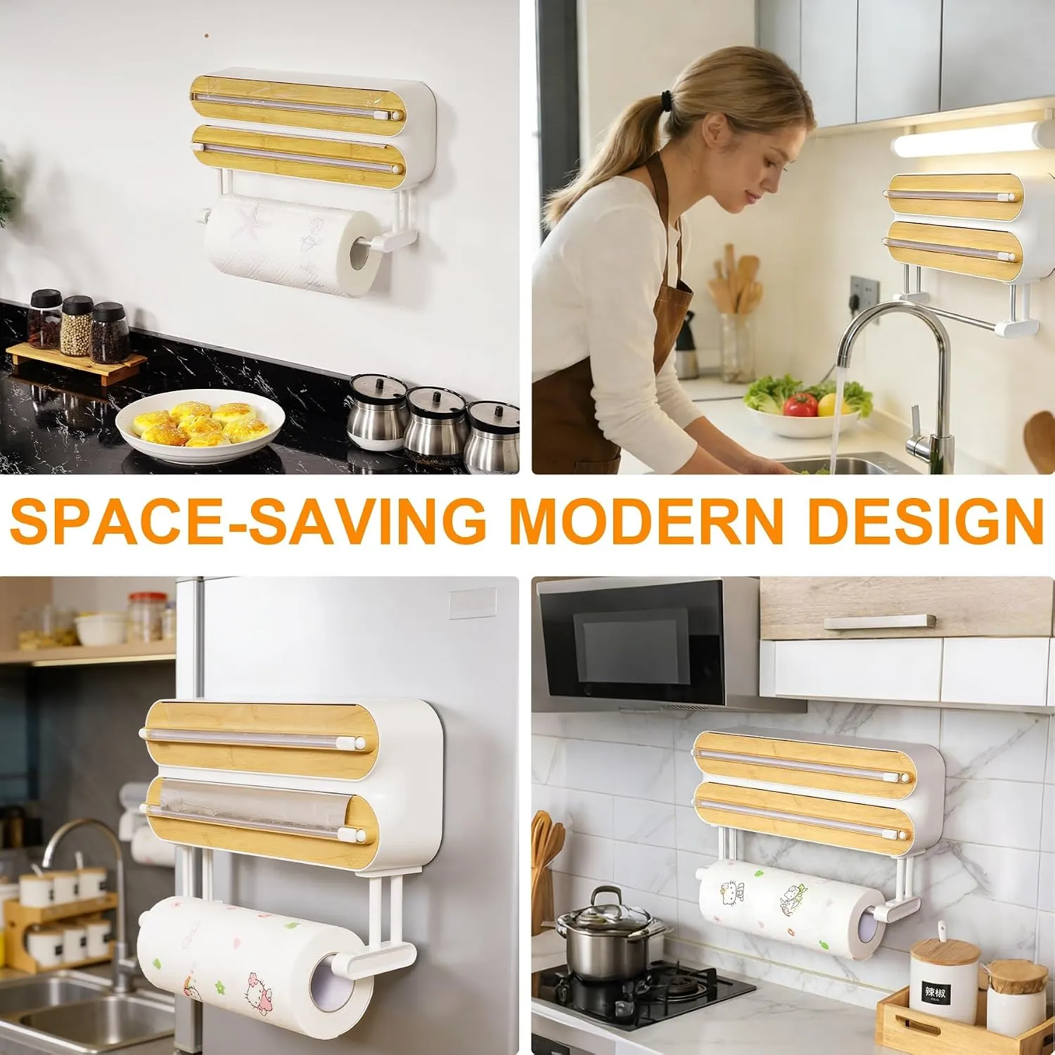 Wall-mounted double kitchen wrap dispenser with paper towel holder