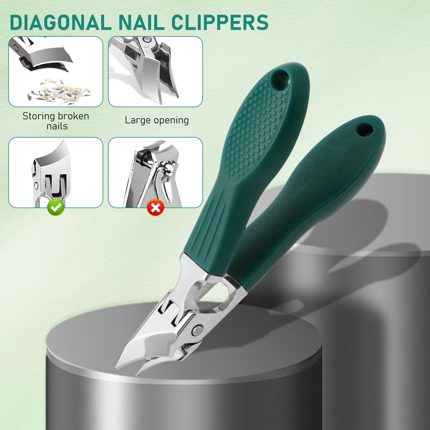 Eagle Beak Beveled Nail Clippers,3-Piece Sets of Eagle Beak Beveled Nails Clippers, Long Handle Wide Jaw Opening Anti-Splash Slanted Nail Clipper for Thick Nails, Seniors&Ingrown Care (Green)