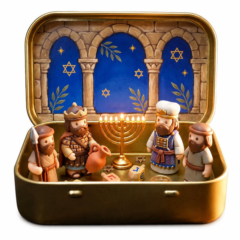 Hanukkah diorama details including menorah characters stars and decorations