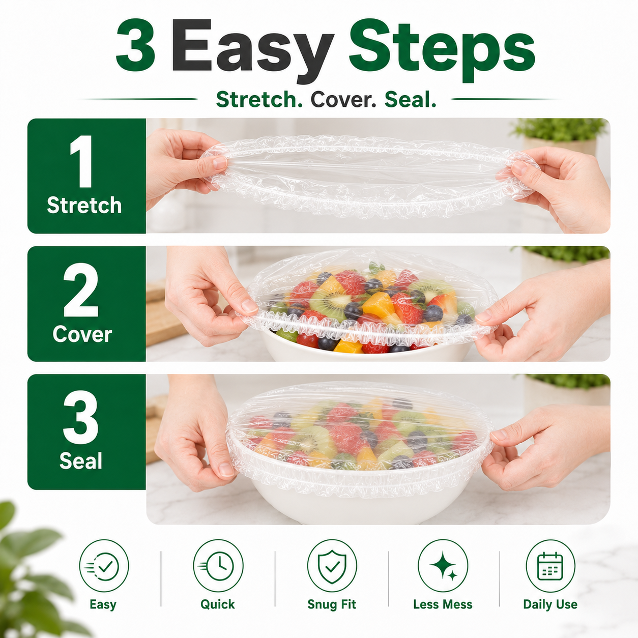 Three steps for using an elastic stretch food cover