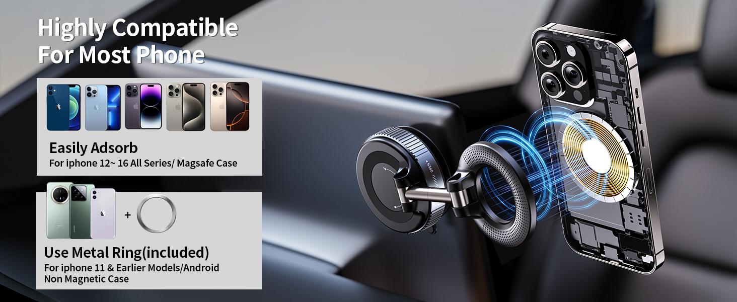 Guccqueen 2.0 Fold-Flat Magnetic Car Phone Holder - Compact Metal Secure Smartphone Holder, 20N52 Magnetic Grip, Vertical Round Mount, Vacuum Suction Cup, Heat-Resistant Nano-Adhesive Base, MagSafe Snapon Car Interior Accessory