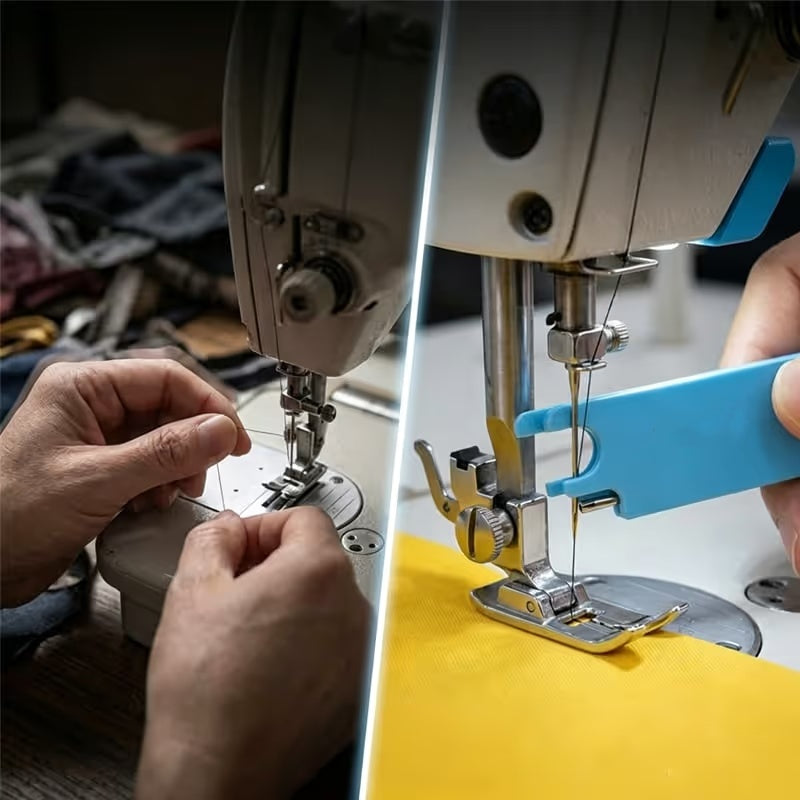Comparison between manual sewing machine threading and quick threader