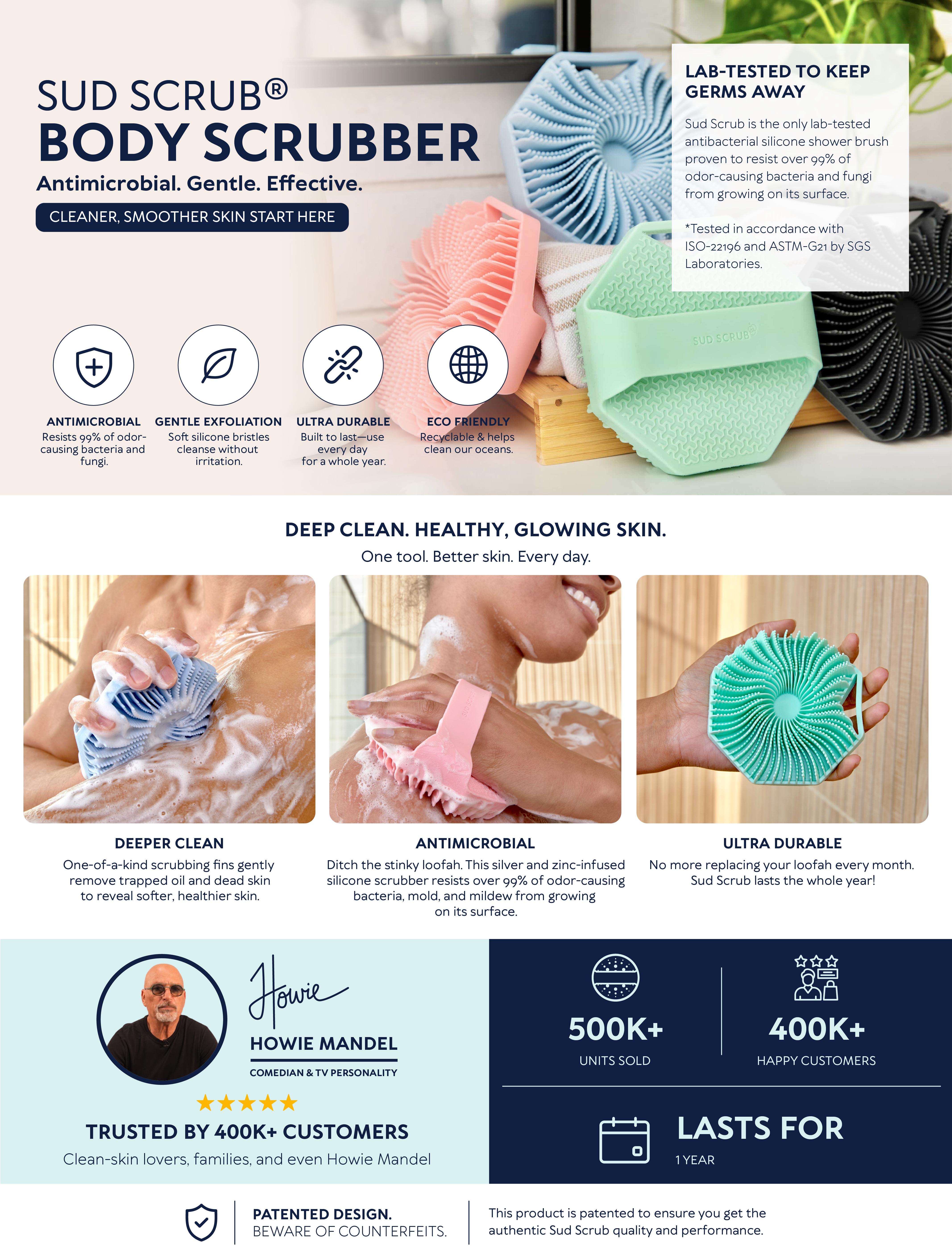 Sud Scrub Body Scrubber – Antimicrobial Silicone Shower Brush for Sensitive Skin & Body Breakouts | Exfoliating Body Cleanser for Dead Skin Removal, Deep Clean, Oily Skin, Smooth Skin, Shower Tool for Men & Women