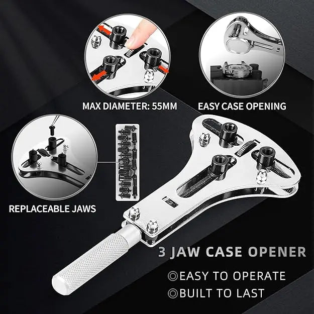 Adjustable three jaw watch case opener
