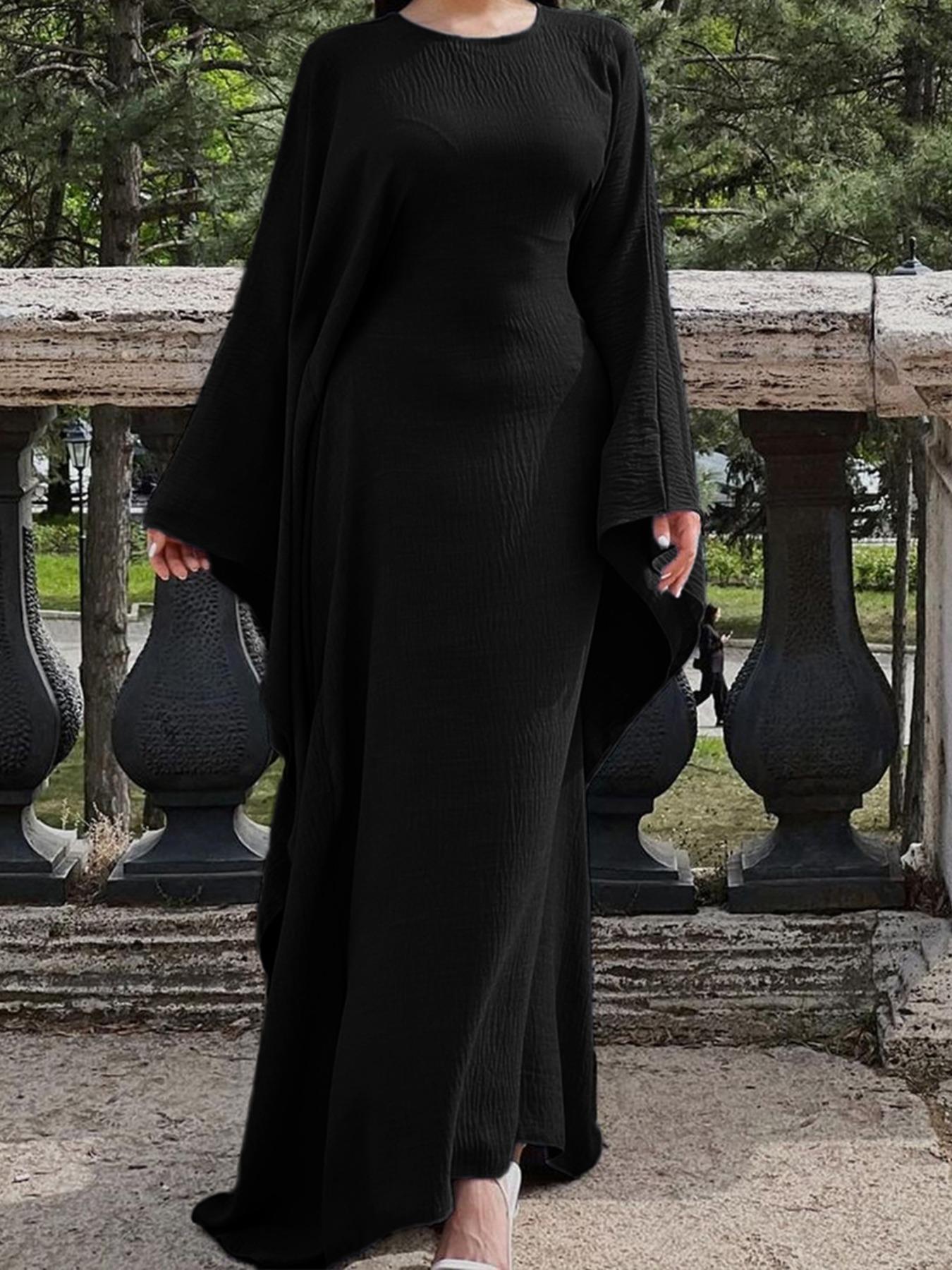 Women's Solid Color Loose-Fitting Batwing-Sleeve Long Dress, Casual Everyday Wear, Casual Daily Outfit, Womenswear, Minimalist Chic Summer Woven Fabric Dress, Perfect for Relaxed Outings
