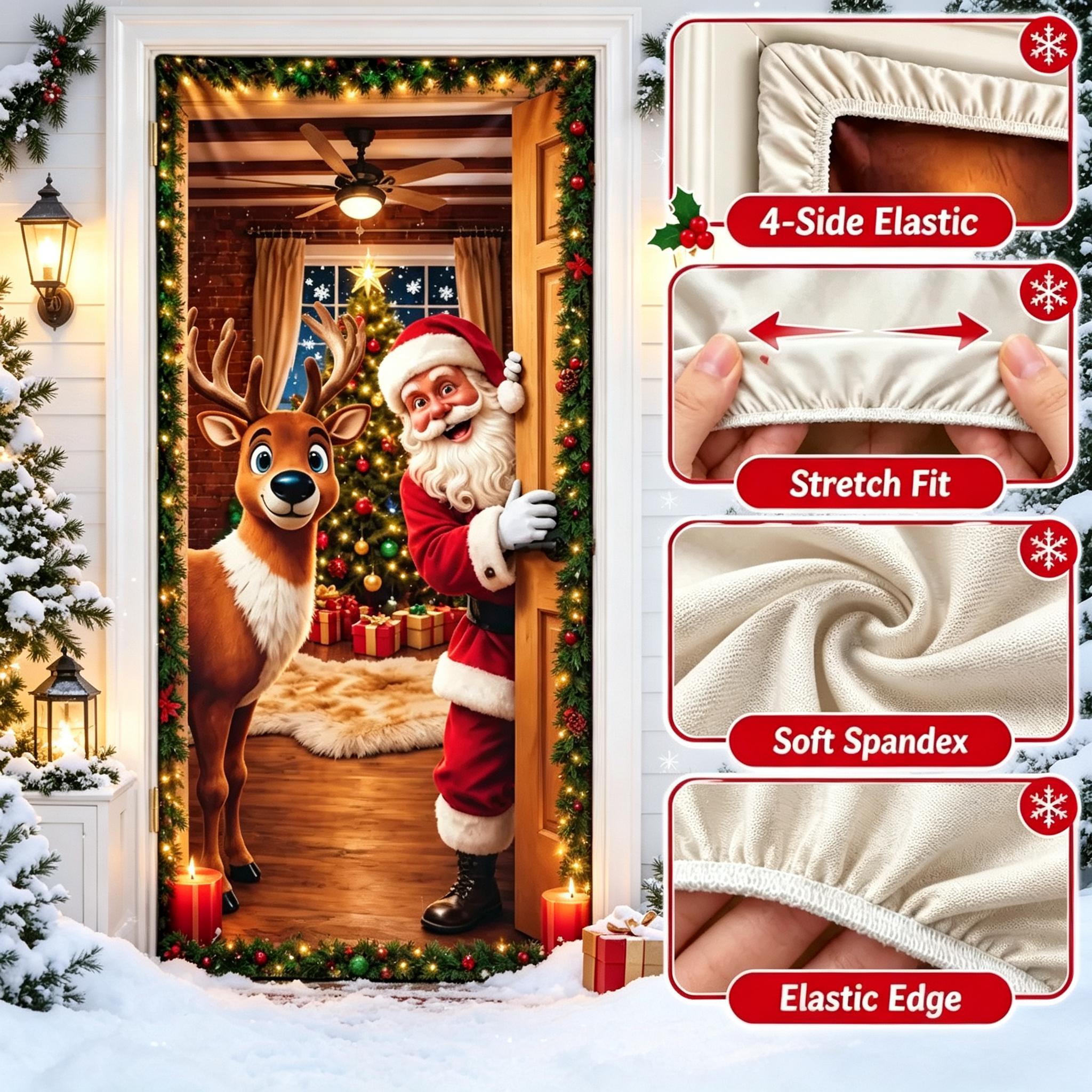 Christmas Door Cover, Funny Christmas Decorations,Stretch Fit Santa & Reindeer Door Decoration with 4-Side Elastic Edges for door Front Winter Holiday Xmas Party Decor