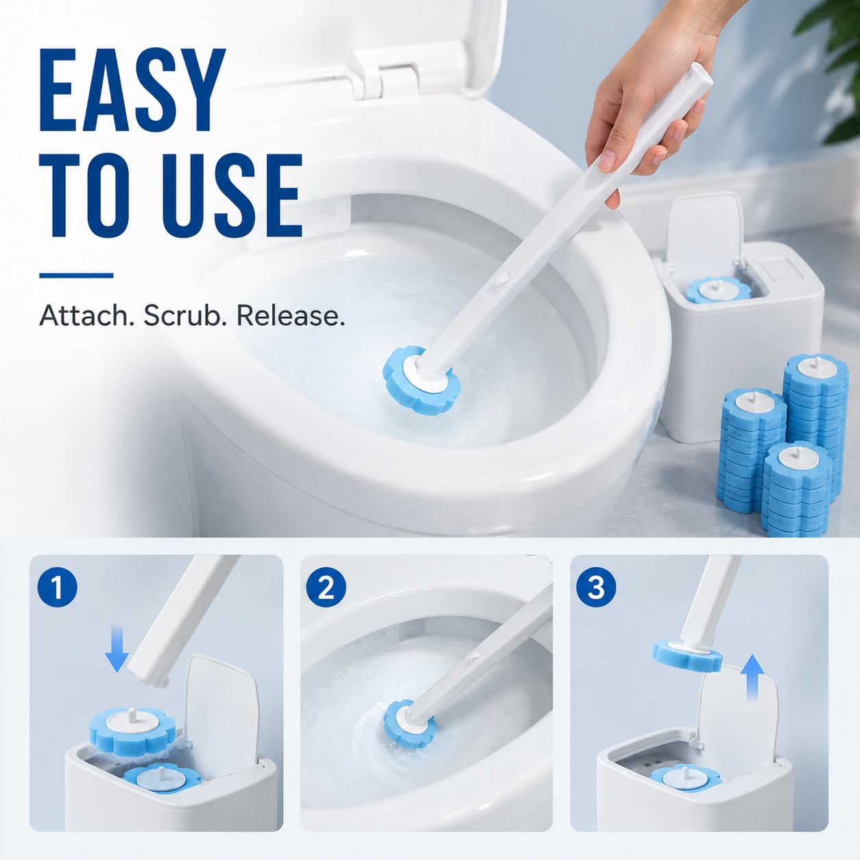 Easy three-step disposable toilet cleaning system