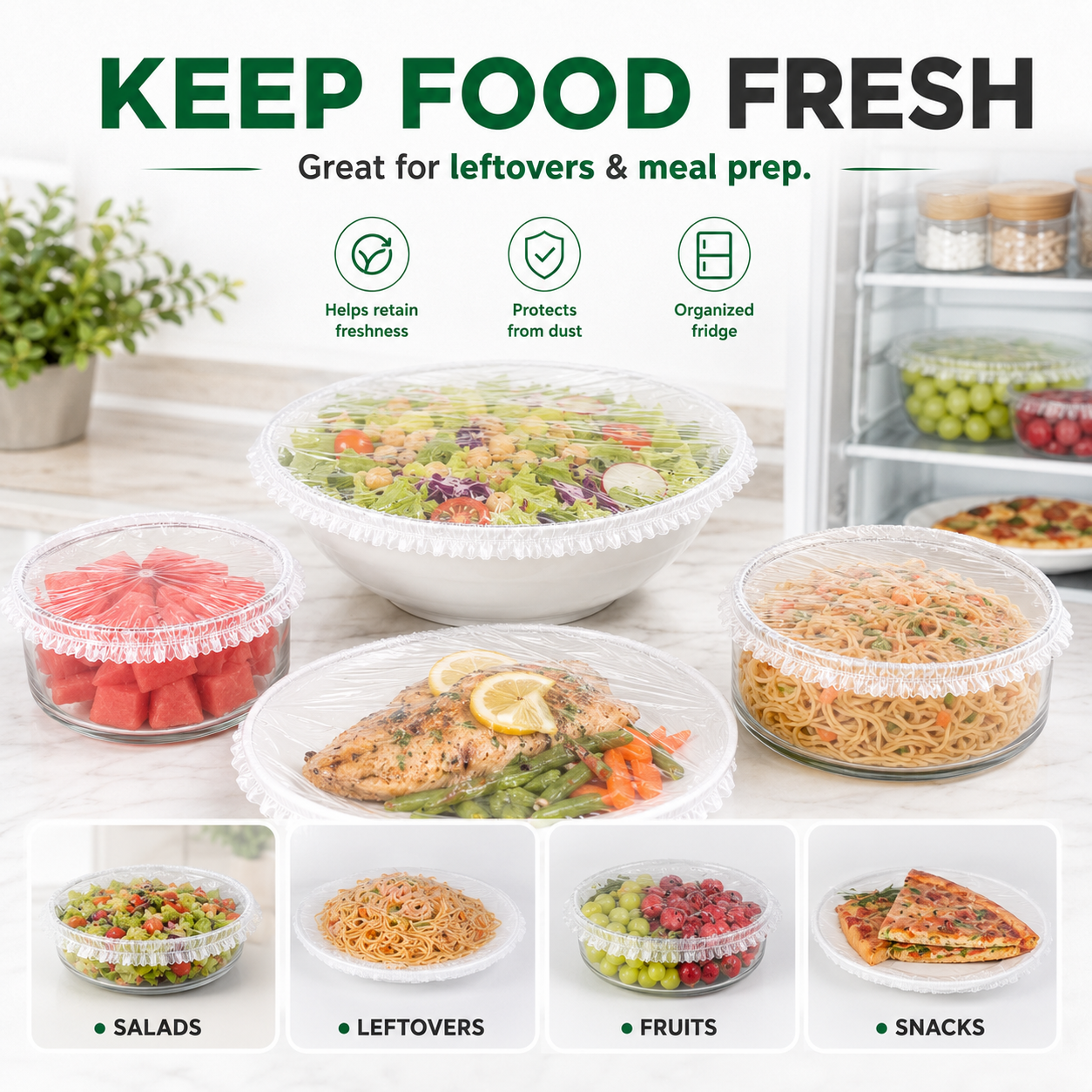 Covered salads leftovers fruits and snacks arranged in a kitchen