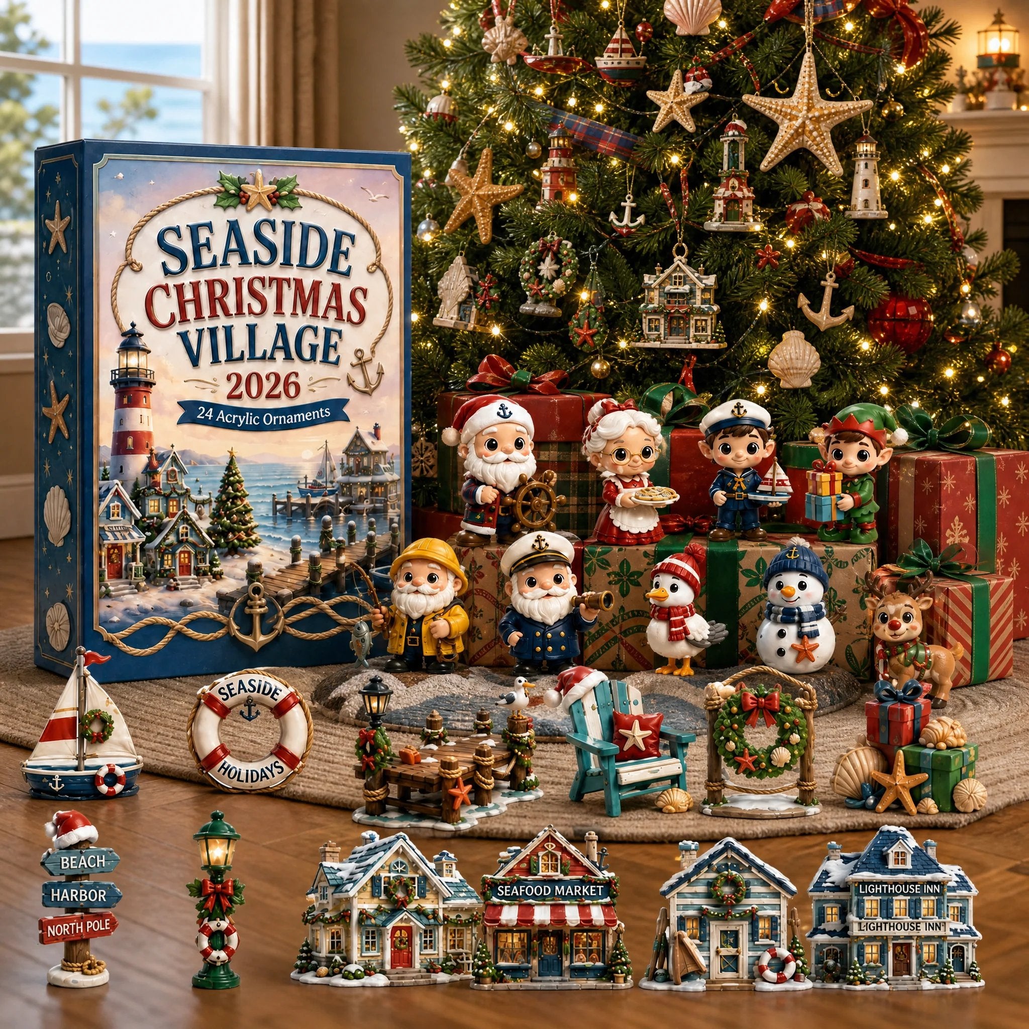 Seaside Christmas Village ornaments displayed around a Christmas tree