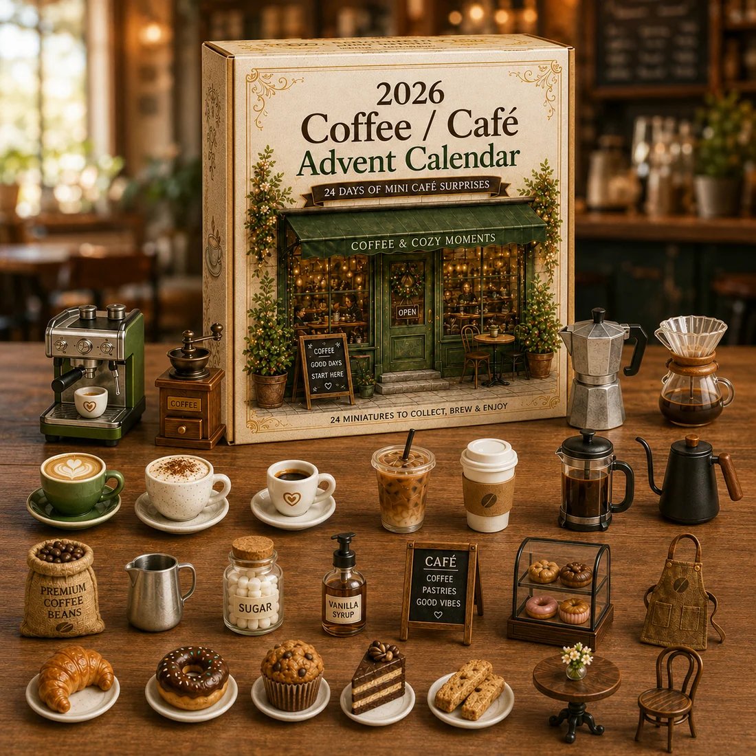 Cozy Cafe Advent Calendar displayed inside warm coffee shop