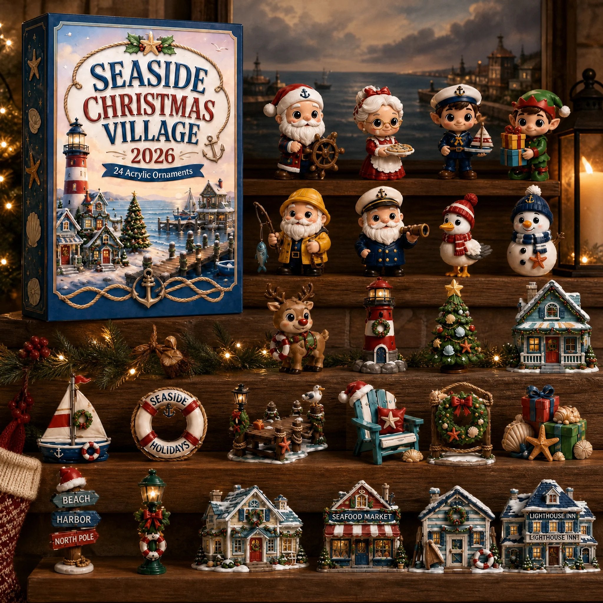 Detailed Seaside Christmas Village characters and coastal ornaments