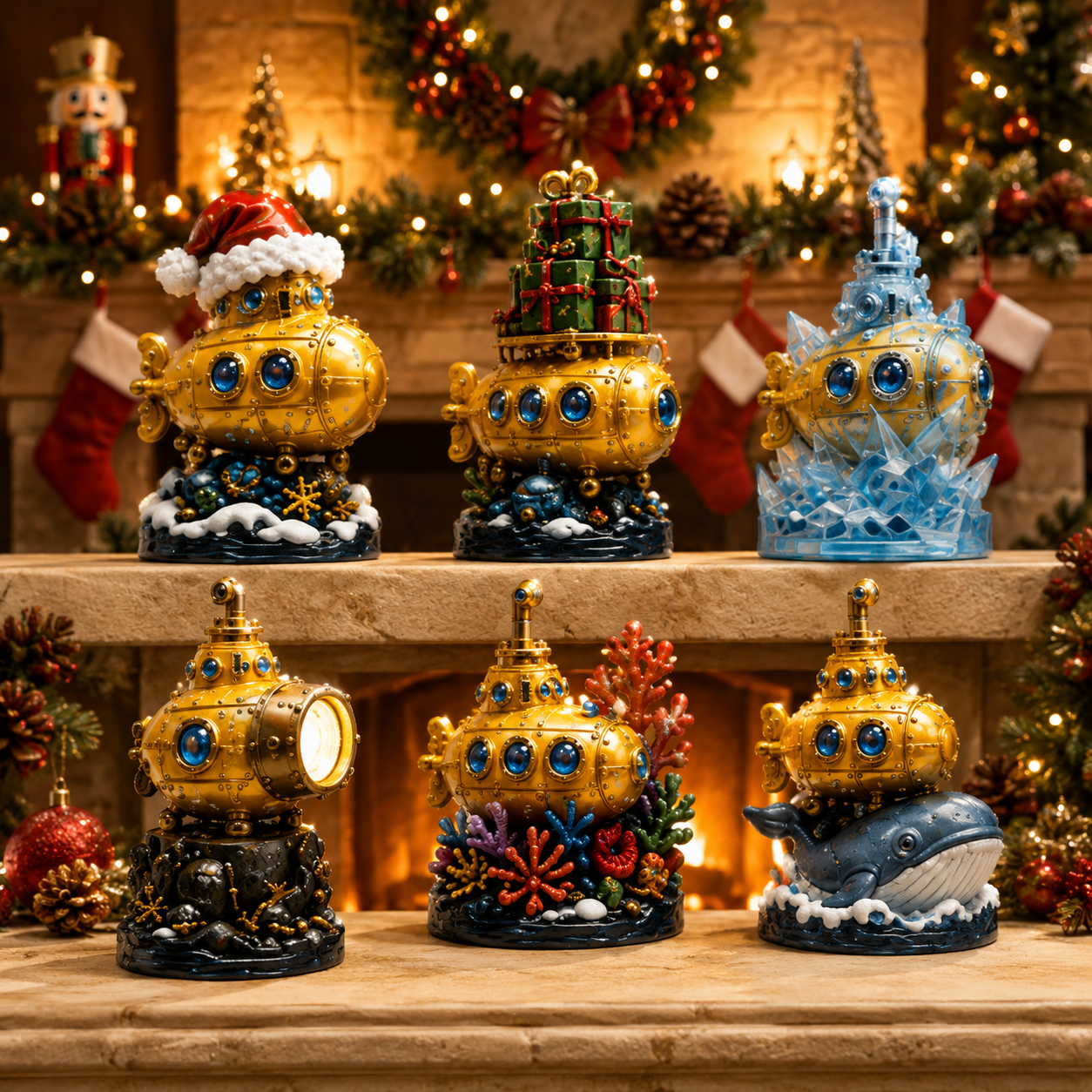 Golden submarine festive advent calendar scene