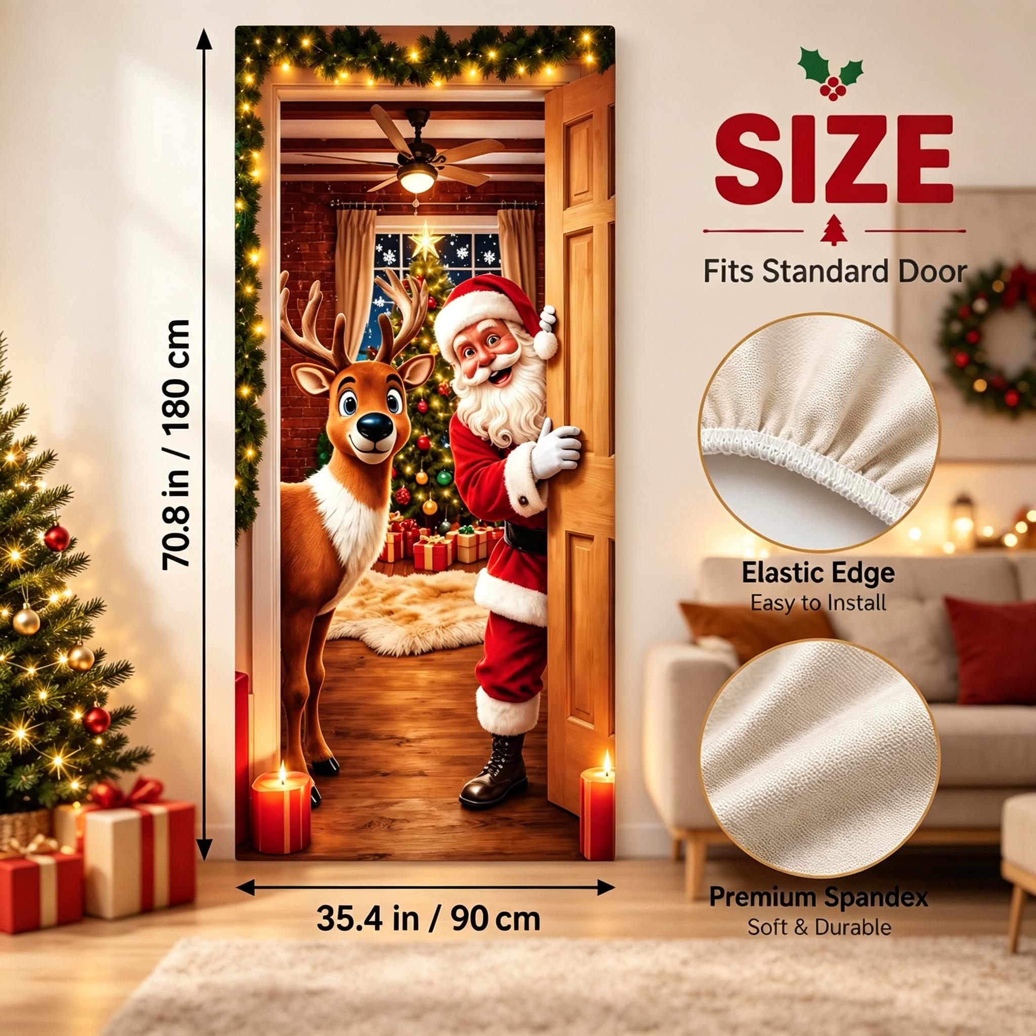 Christmas Door Cover, Funny Christmas Decorations,Stretch Fit Santa & Reindeer Door Decoration with 4-Side Elastic Edges for door Front Winter Holiday Xmas Party Decor