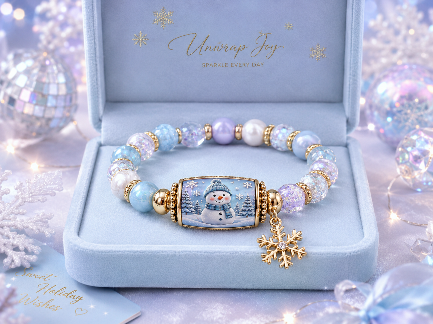 Frosty Sugar Glow pastel blue snowman bracelet