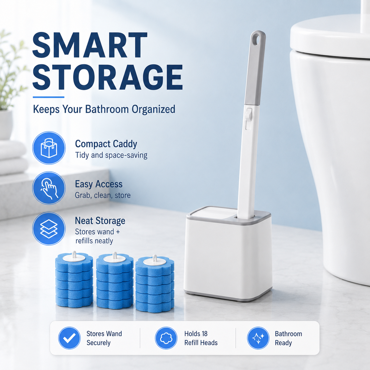 Compact storage caddy for toilet cleaning wand and refill heads