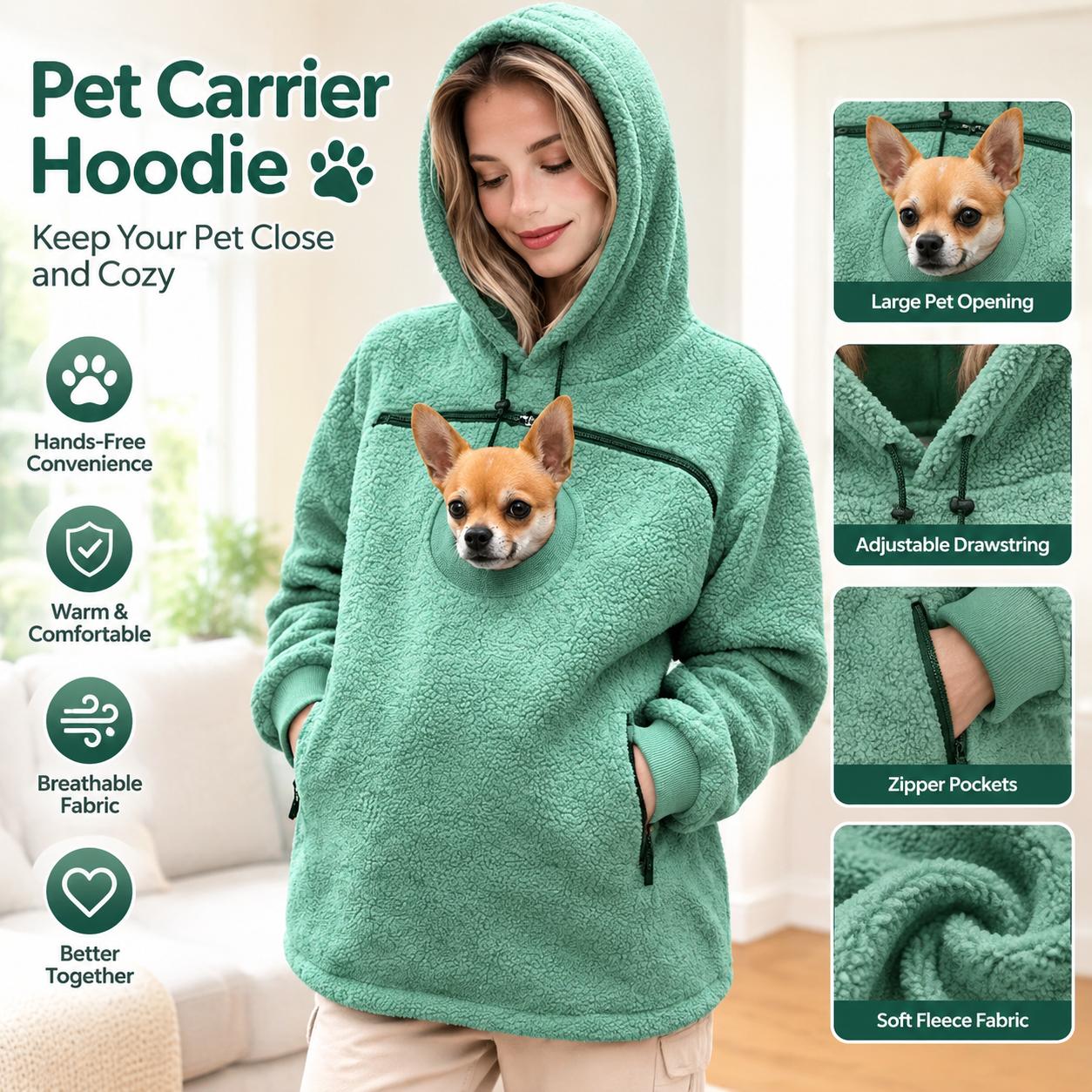 Hands-Free Pet Carrier Hoodie with Front Pouch, Long-Sleeve Pullover Sweatshirt for Small Cats and Dogs, Outdoor Walking, Travel and Daily Wear
