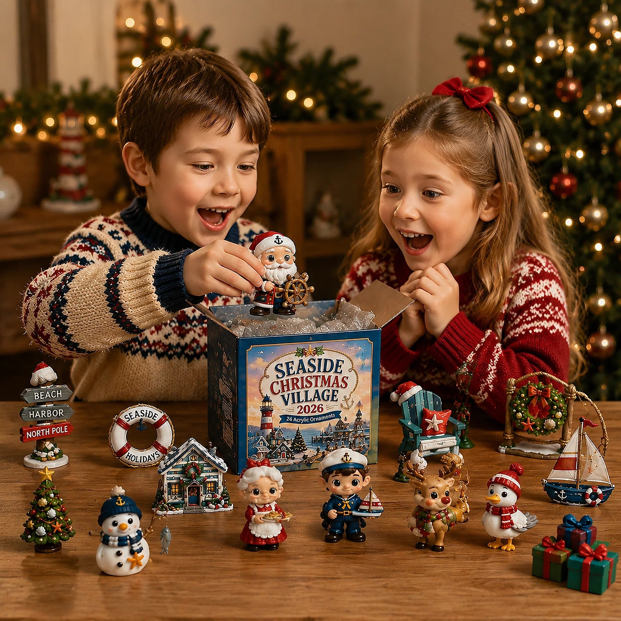 Children discovering Seaside Christmas Village ornaments together