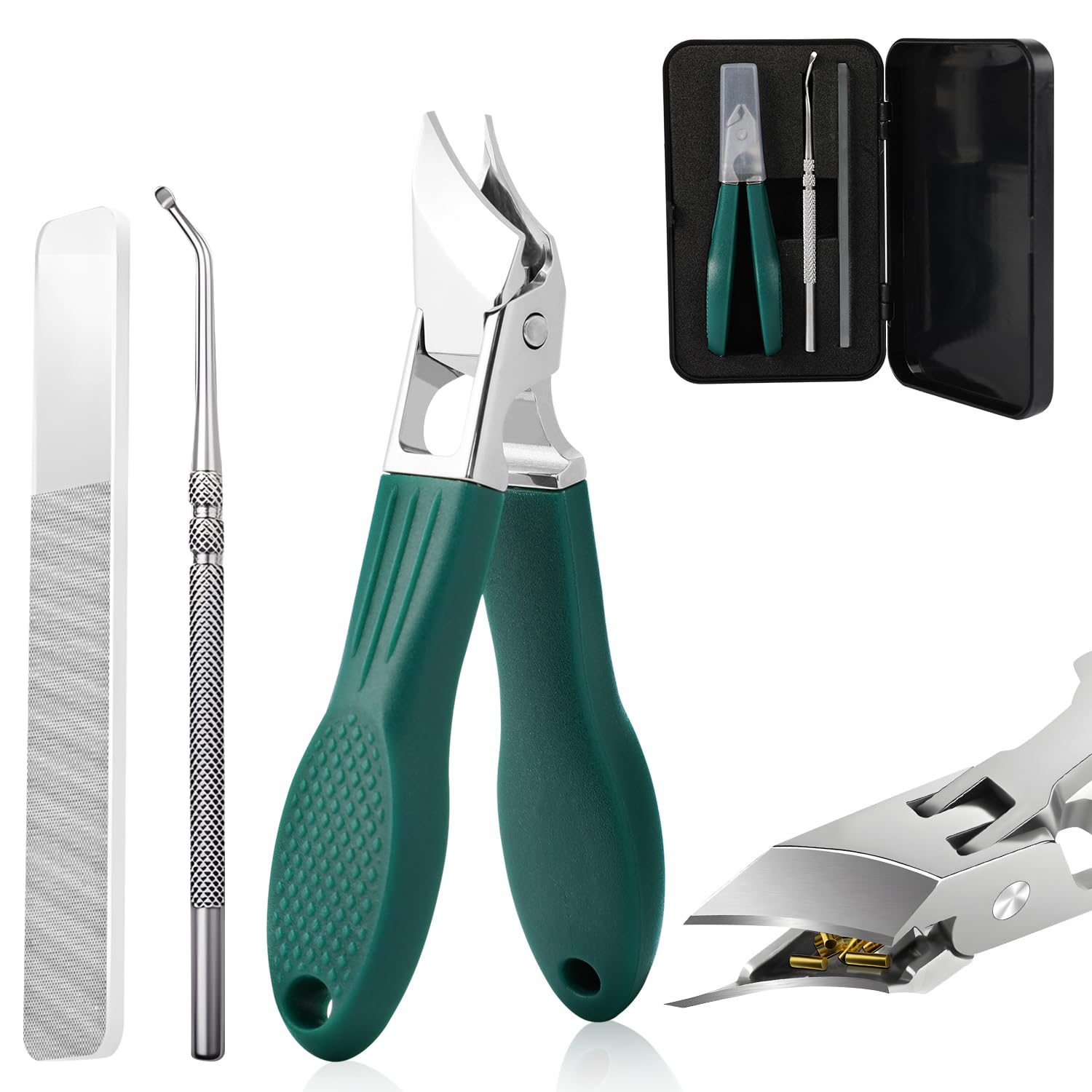 Eagle Beak Beveled Nail Clippers,3-Piece Sets of Eagle Beak Beveled Nails Clippers, Long Handle Wide Jaw Opening Anti-Splash Slanted Nail Clipper for Thick Nails, Seniors&Ingrown Care (Green)