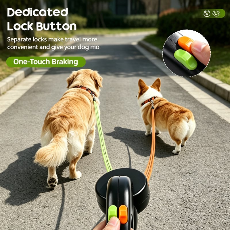 Two dogs walking with dual retractable leash