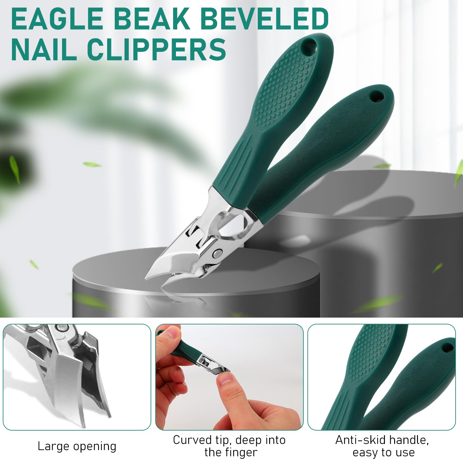 Eagle Beak Beveled Nail Clippers,3-Piece Sets of Eagle Beak Beveled Nails Clippers, Long Handle Wide Jaw Opening Anti-Splash Slanted Nail Clipper for Thick Nails, Seniors&Ingrown Care (Green)