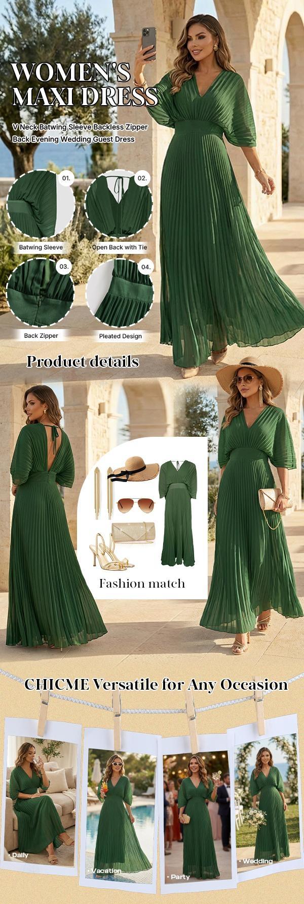 CHICME Women's Elegant Pleated Maxi Dress V Neck Flutter Sleeve Wedding Guest Dress