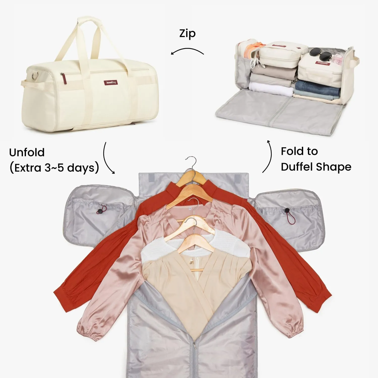 Convertible garment carrier folding into a travel duffel