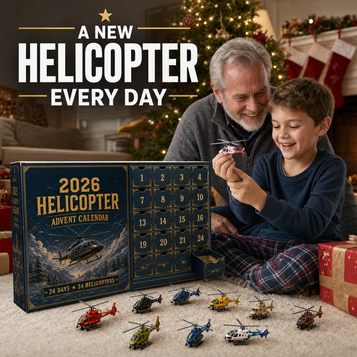 Grandfather and child enjoying a new helicopter every day from the 2026 Advent Calendar