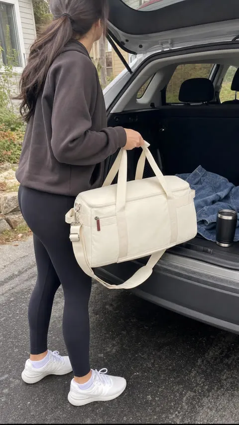 Traveler loading the beige weekender into a car trunk