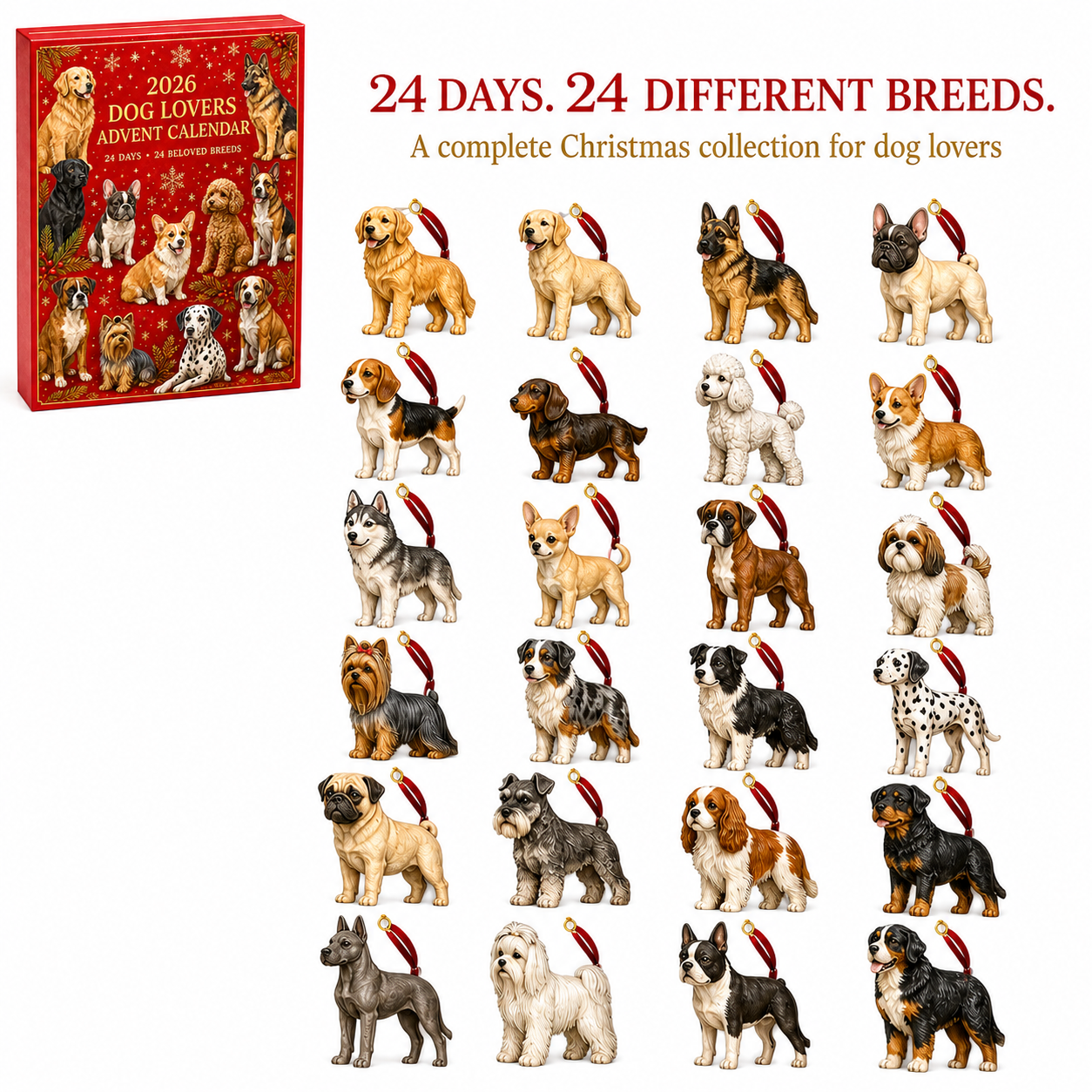 2026 Dog Lovers Advent Calendar – 24 Breed Ornaments Christmas display