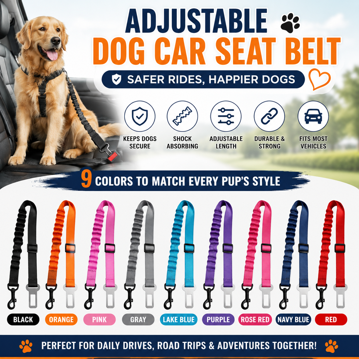 Dog car seat belt available in nine different colors