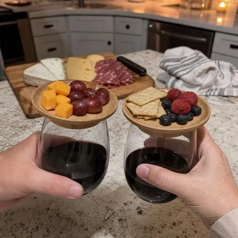 Couple using bamboo wine glass toppers during a cheese night