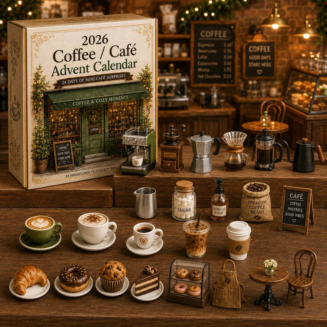Cozy Cafe Advent Calendar miniature coffee equipment and pastries