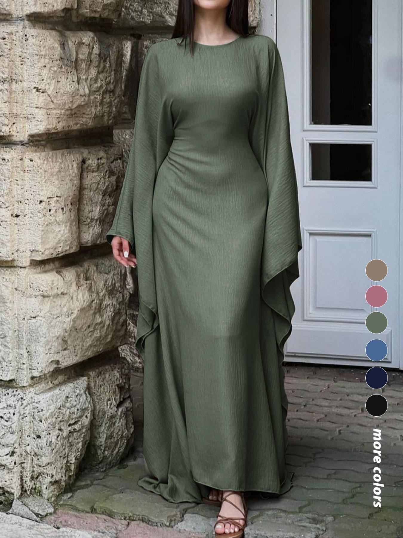 Women's Solid Color Loose-Fitting Batwing-Sleeve Long Dress, Casual Everyday Wear, Casual Daily Outfit, Womenswear, Minimalist Chic Summer Woven Fabric Dress, Perfect for Relaxed Outings