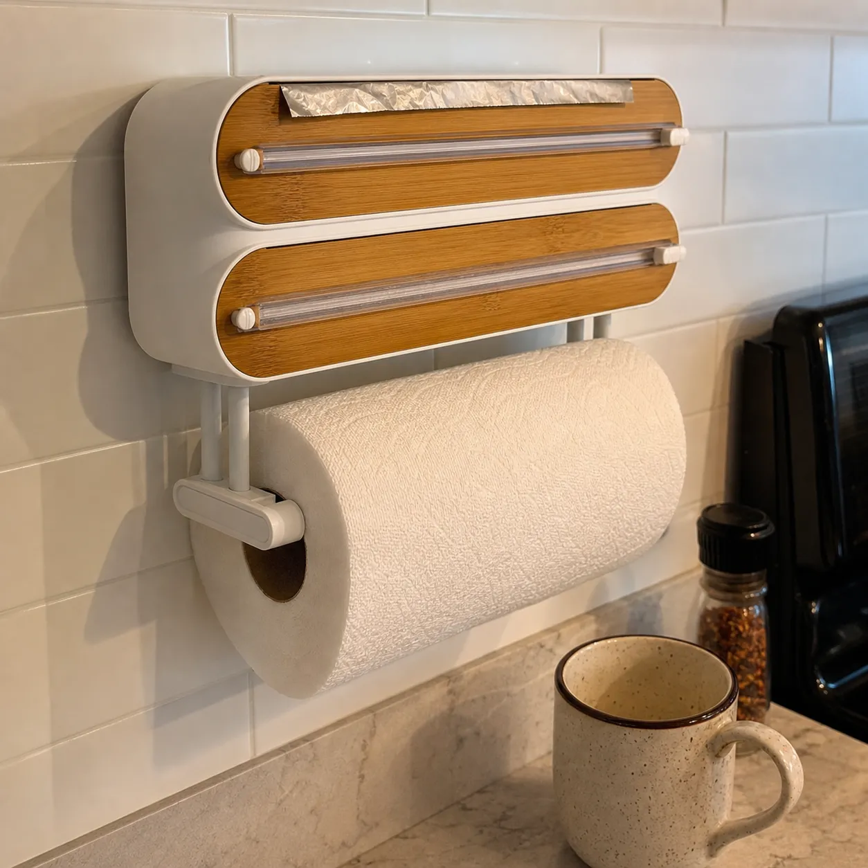 Customer-style photo of dispenser on tile