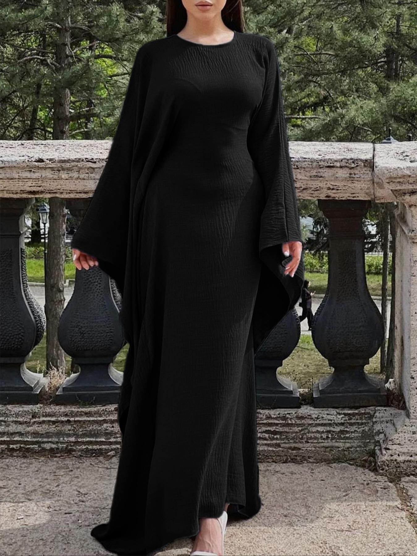 Women's Solid Color Loose-Fitting Batwing-Sleeve Long Dress, Casual Everyday Wear, Casual Daily Outfit, Womenswear, Minimalist Chic Summer Woven Fabric Dress, Perfect for Relaxed Outings