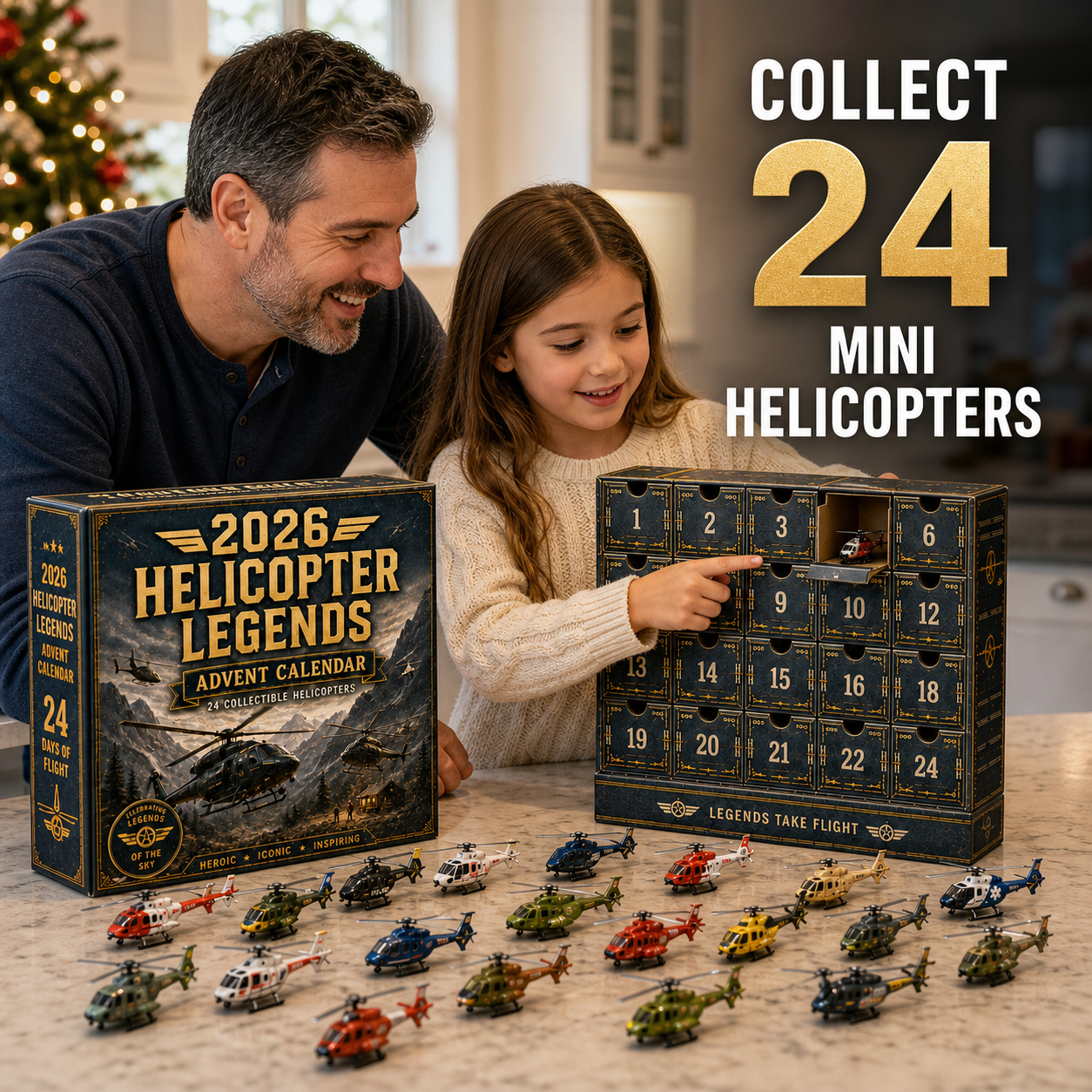 Family discovering 24 mini helicopters inside the Helicopter Legends Advent Calendar
