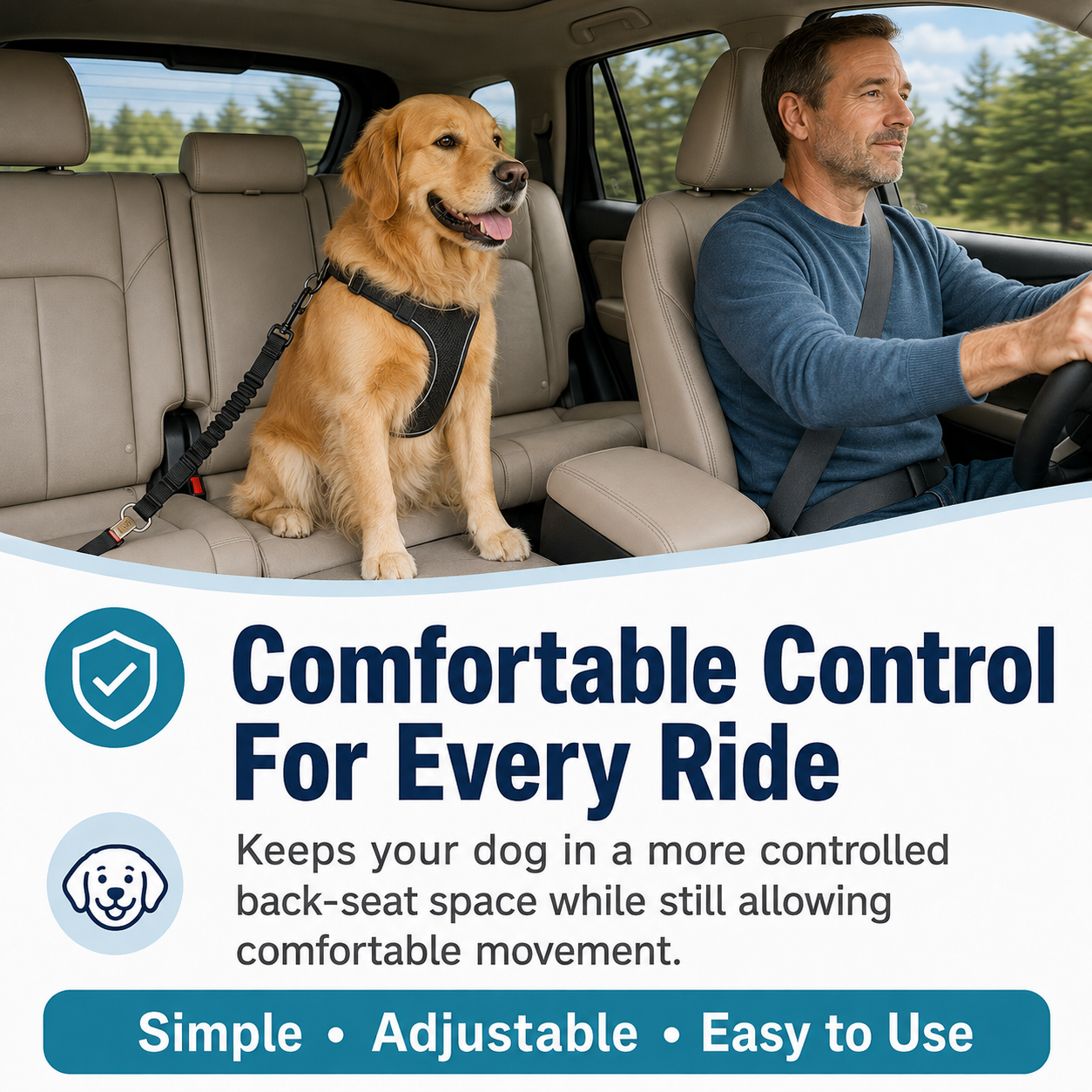 Golden retriever sitting comfortably in the back seat with a dog car seat belt