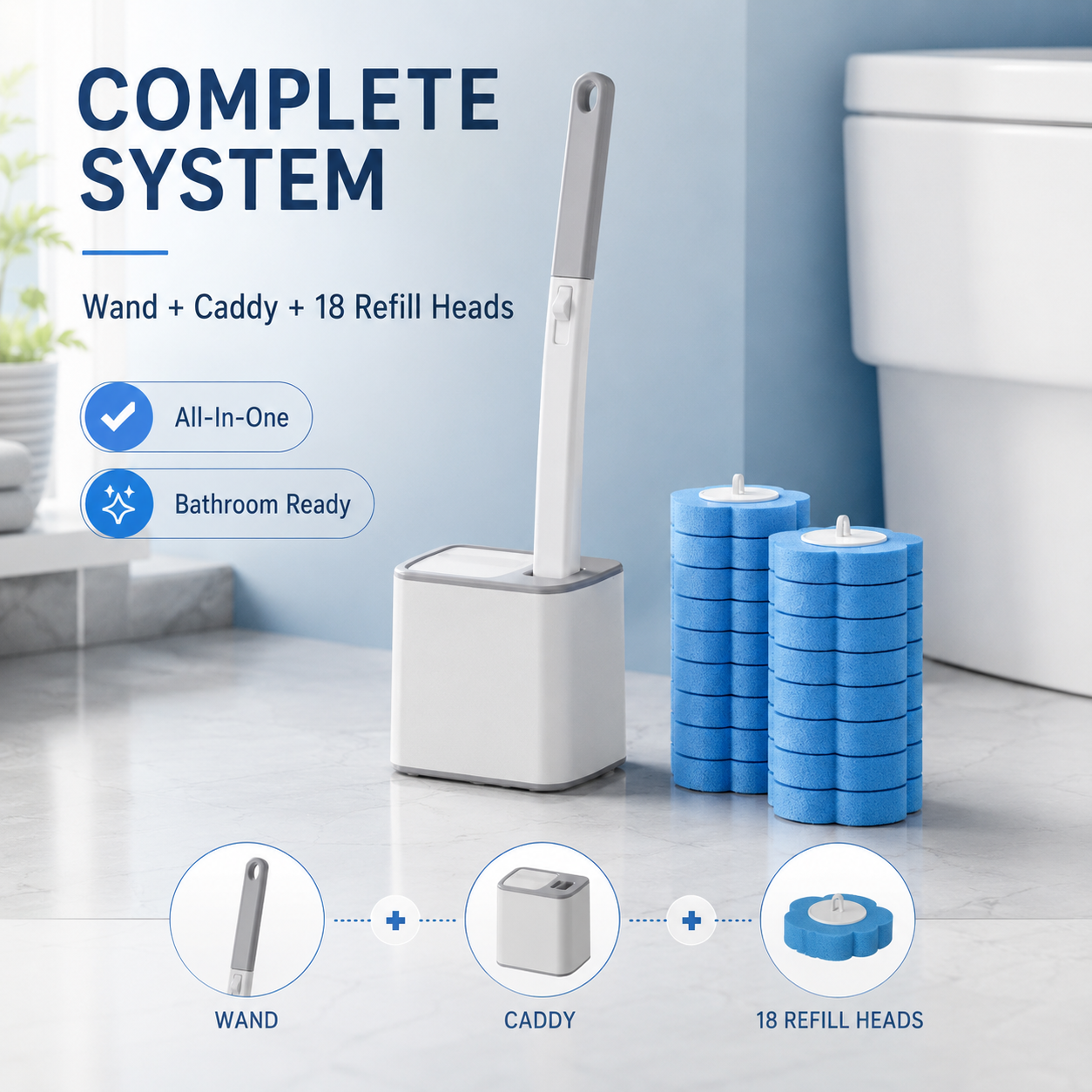 Complete toilet cleaning system with wand, caddy and 18 disposable refill heads