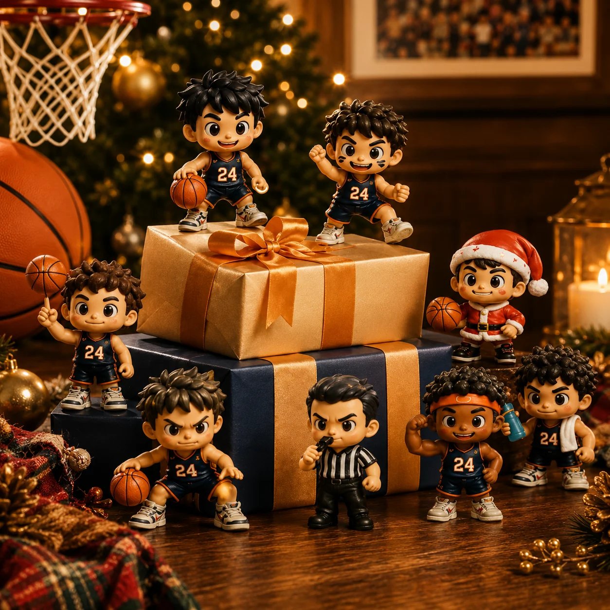 Basketball collectible figures displayed around Christmas gifts