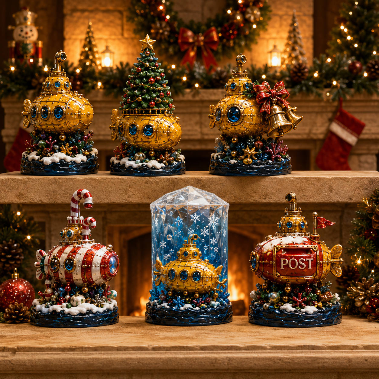 Golden submarine miniature fleet display