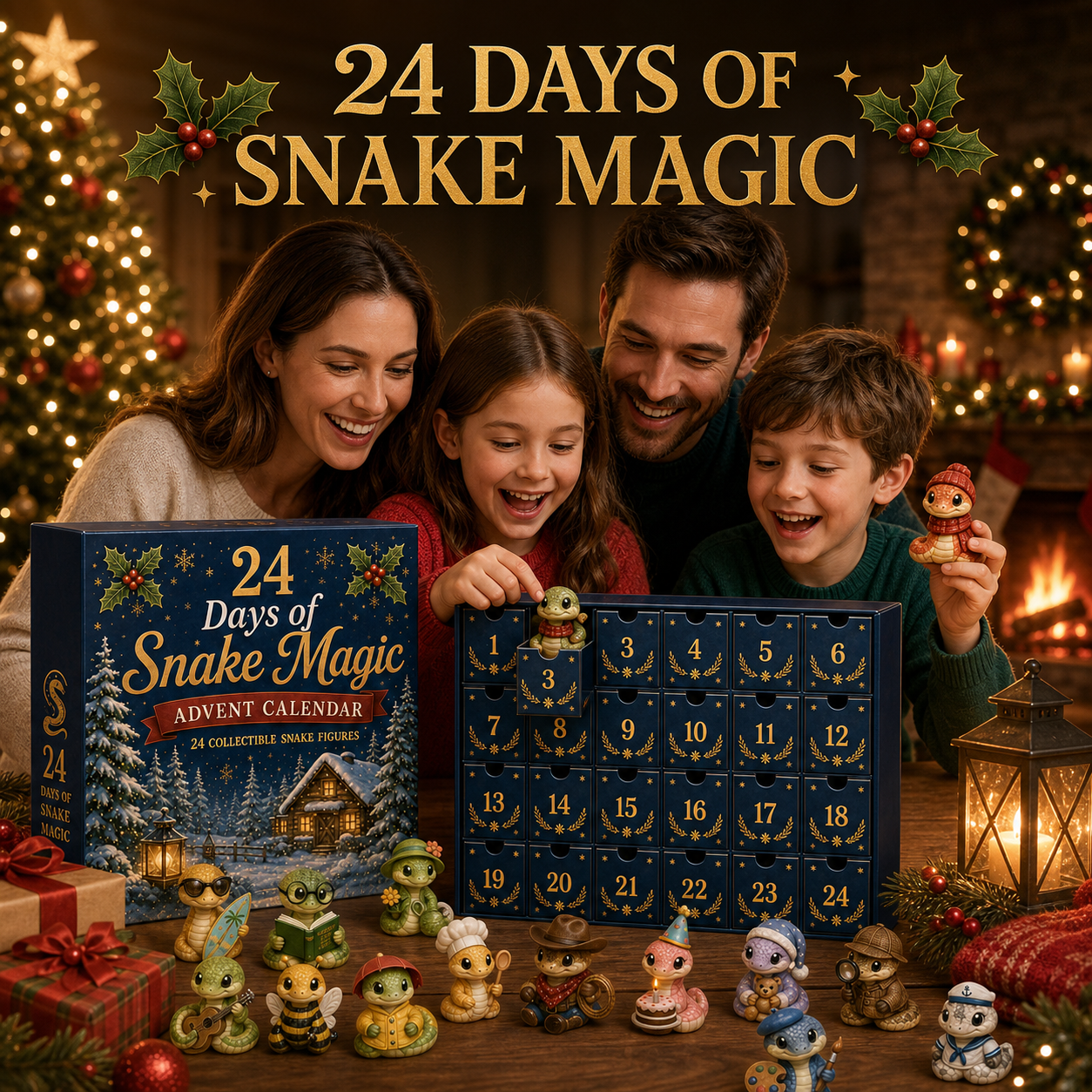 Family enjoying Snake Advent Calendar together during Christmas