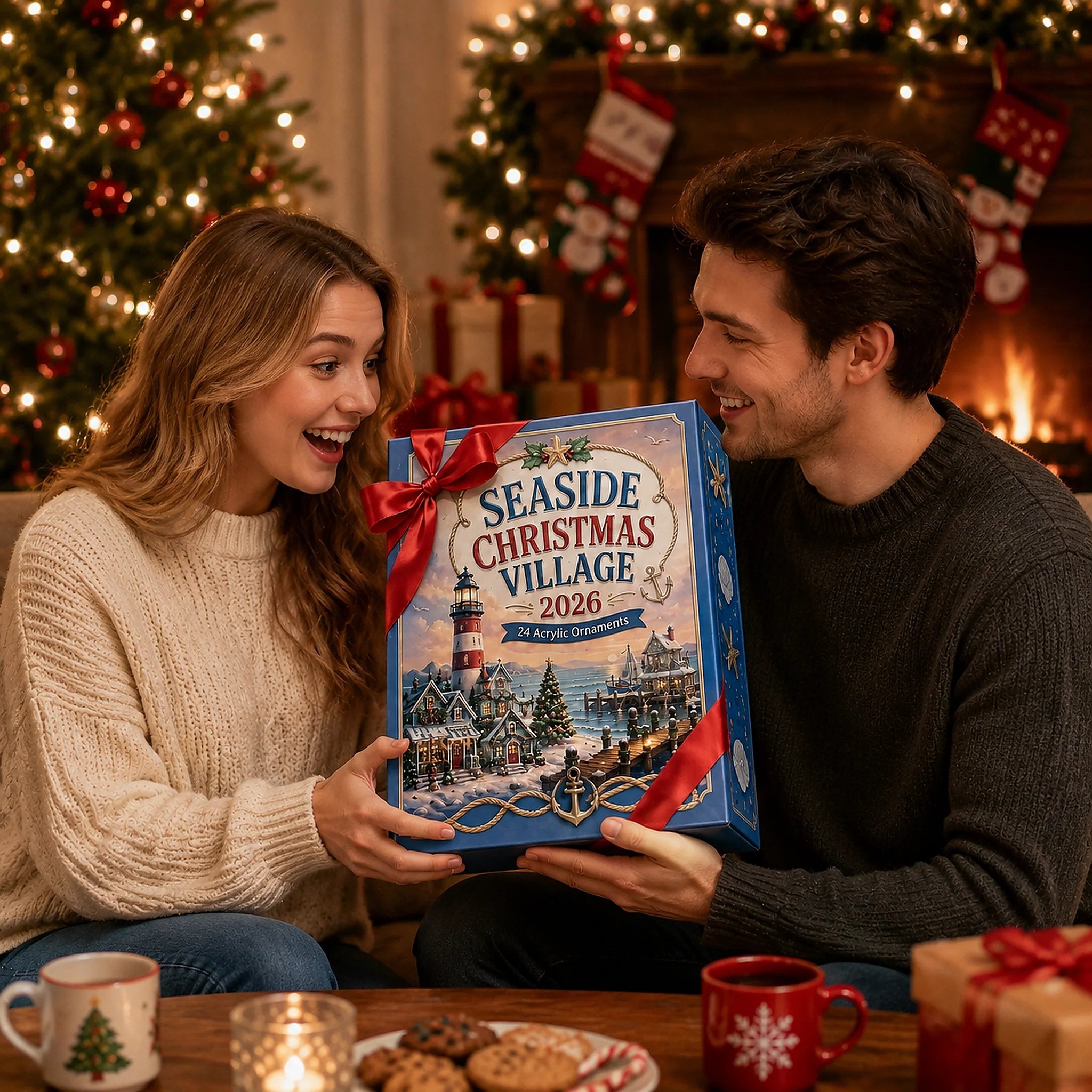 Couple opening the Seaside Christmas Village 2026 ornament gift