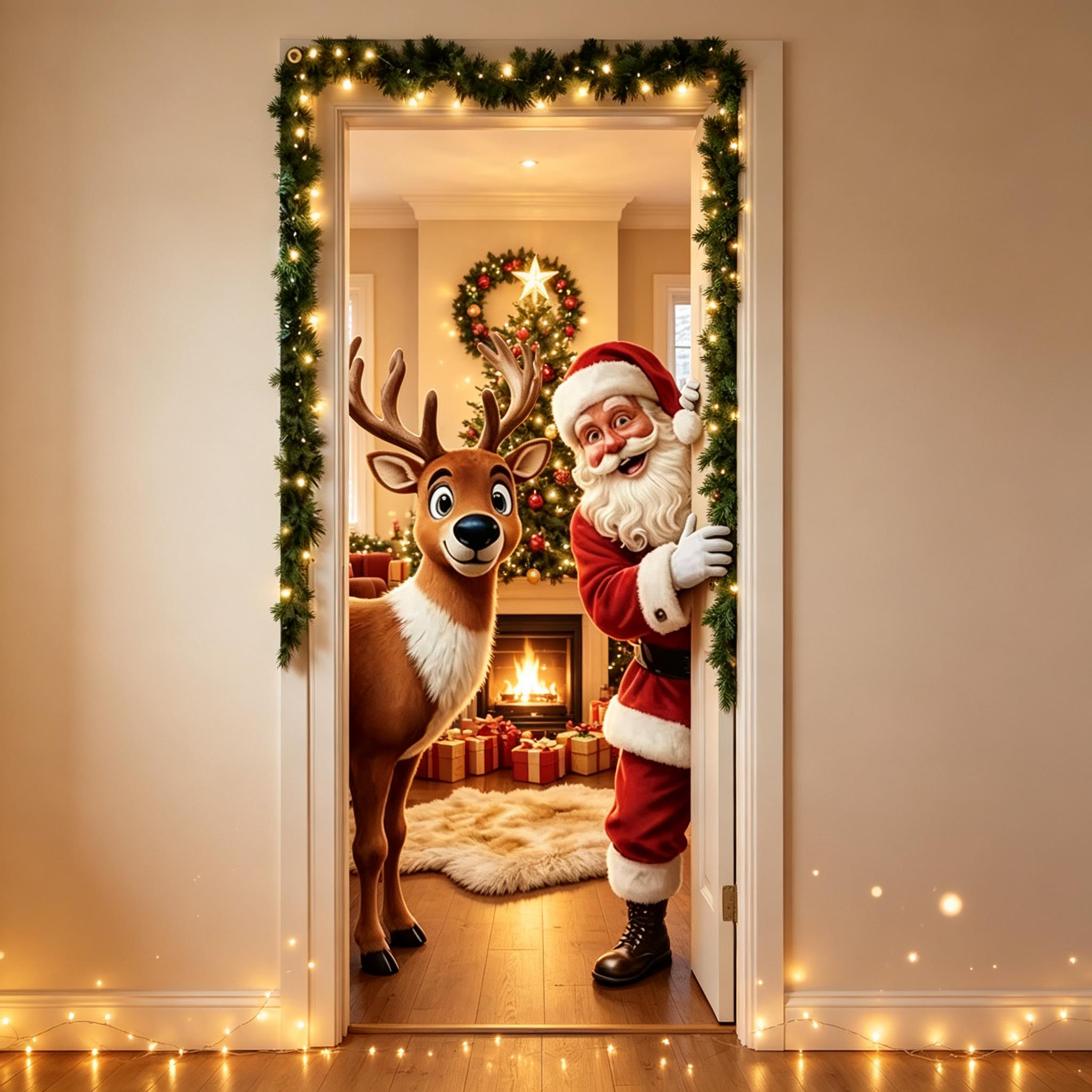 Christmas Door Cover, Funny Christmas Decorations,Stretch Fit Santa & Reindeer Door Decoration with 4-Side Elastic Edges for door Front Winter Holiday Xmas Party Decor