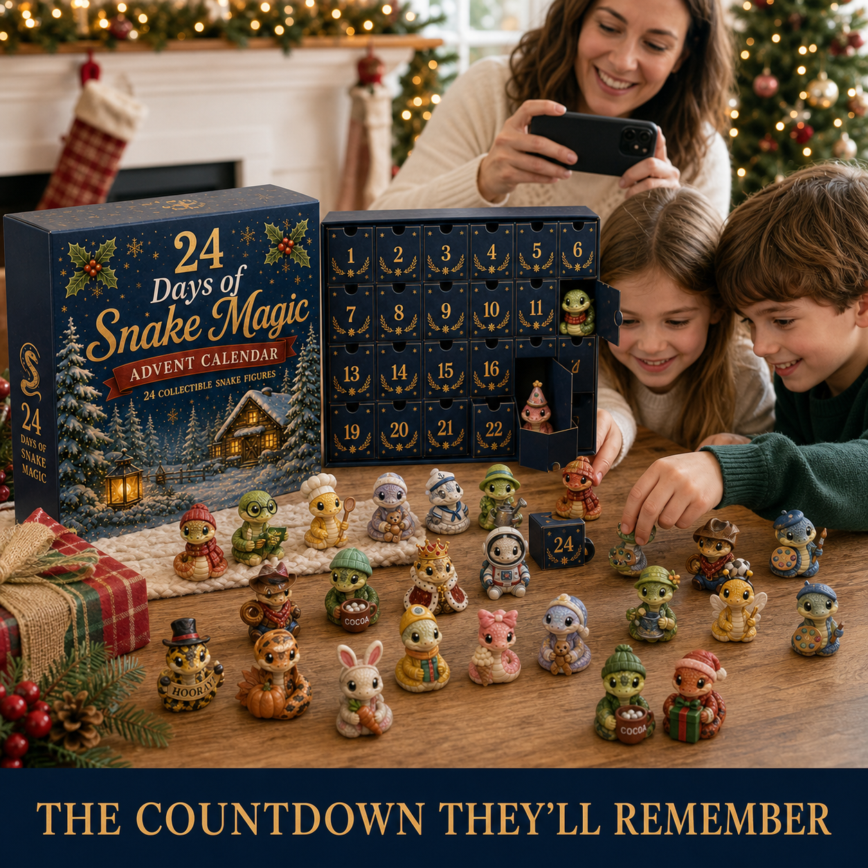 Family sharing Snake Advent Calendar at home during Christmas