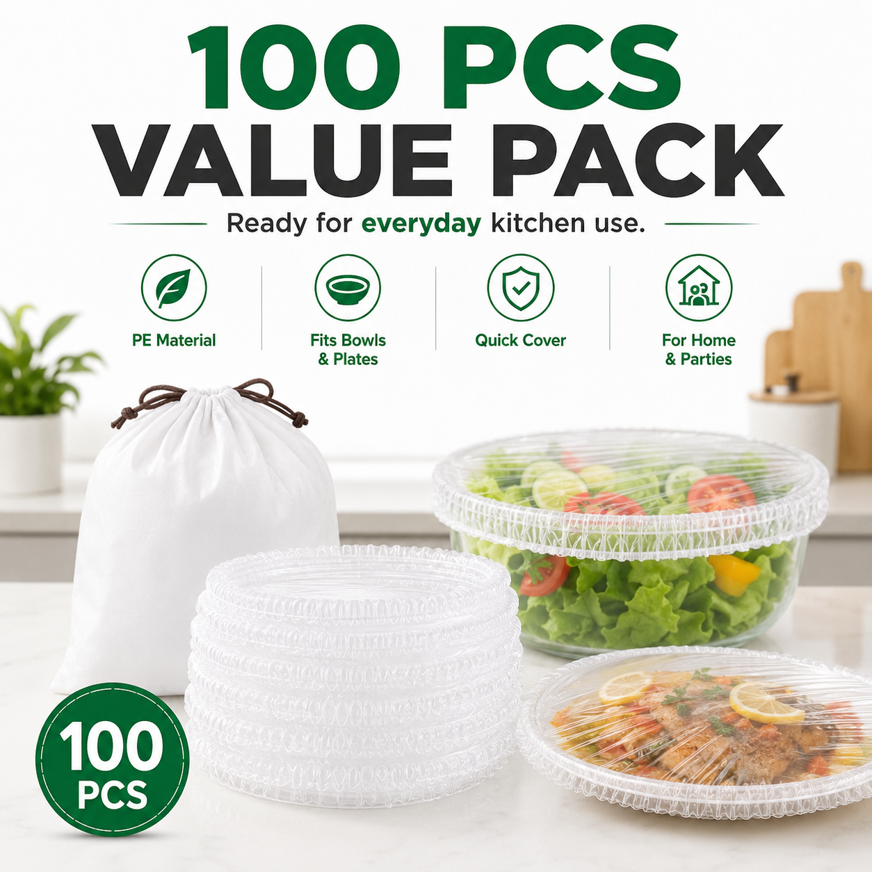 One hundred piece value pack of transparent elastic stretch food covers