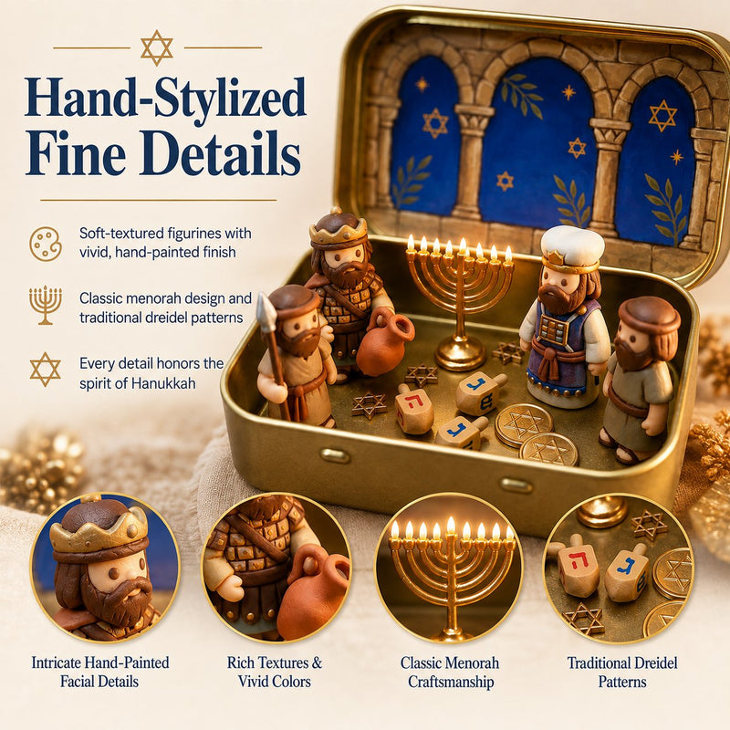 Fine details of handmade-style Hanukkah miniature figures and decorations