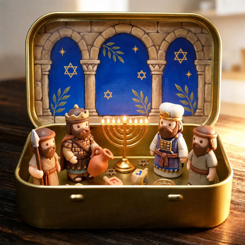 Council by Candlelight miniature Hanukkah diorama in golden tin