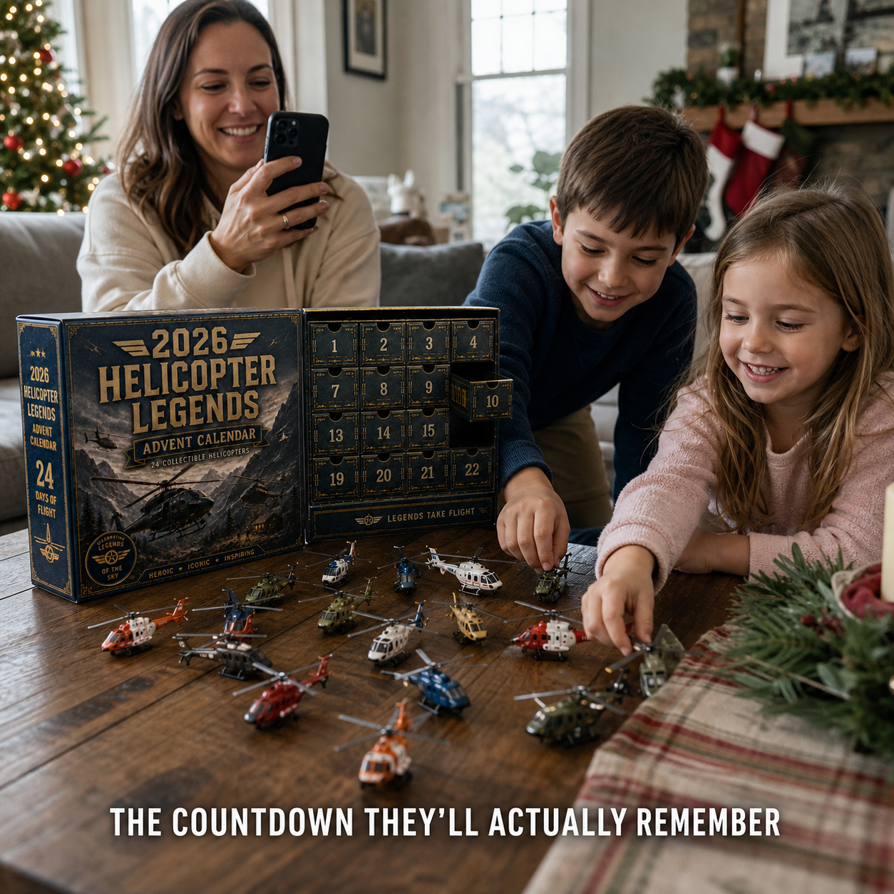 Children and family opening Helicopter Legends Advent Calendar together at Christmas