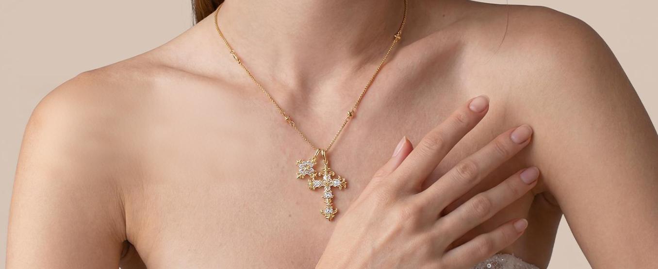 GANIA Gold-Plated Iris Flower Cross Necklace – Electroplated Finish (Brass Base), Christian Symbol Pendant, Unisex Gift for Daily Wear